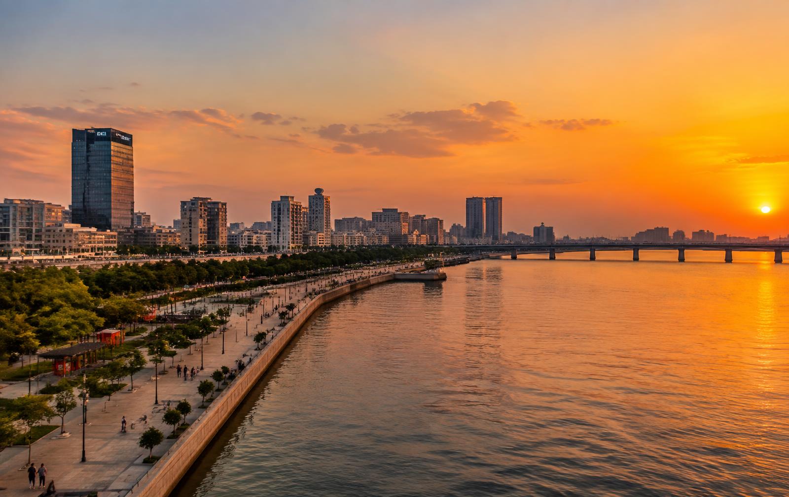 Ahmedabad riverfront skyline at sunset