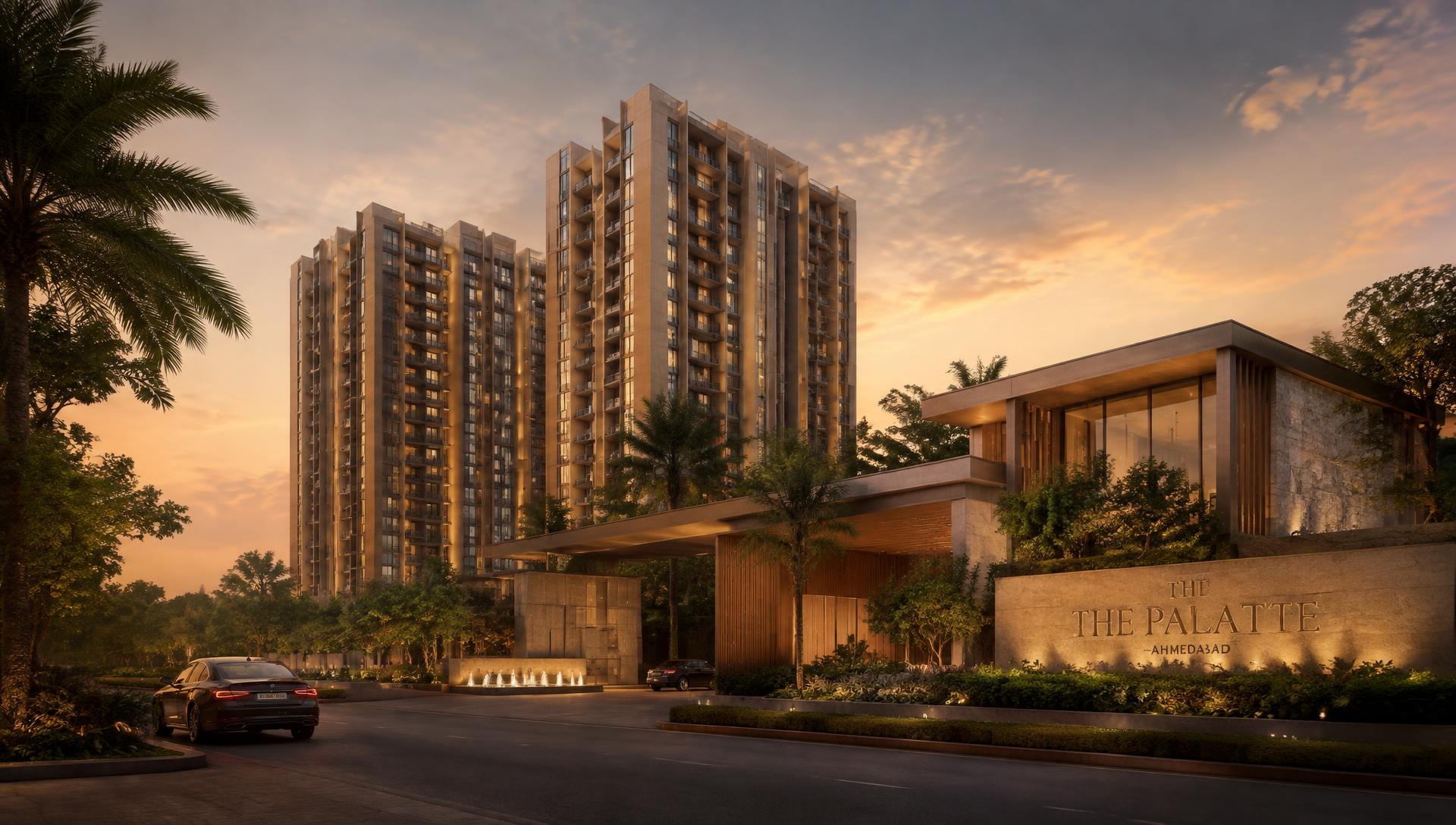 Modern residential towers in Ahmedabad at dusk